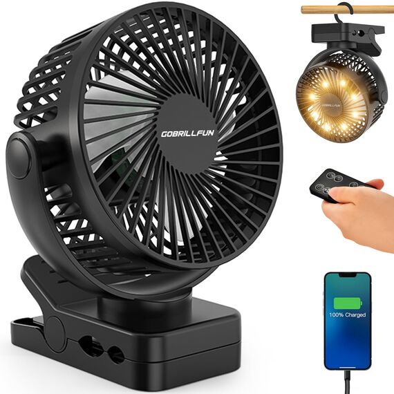 GOBRILLFUN 15,2 cm (6 Zoll) 12000 mAh Clip Ventilator Akku mit Fernbedienung, USB wiederaufladbar mit LED-Lichtern, 3 Geschwindigkeiten, batteriebetriebener Ventilator mit Timer (tiefschwarz)