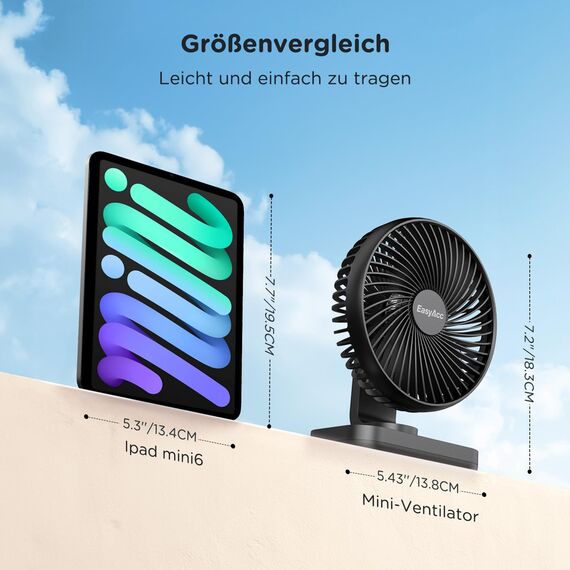 EasyAcc Tischventilator, 4000 Akku Batterie Klein USB Ventilator, Tragbarer Aufladbar Basis Ventilatoren mit 4 Geschwindigkeiten für Camp,Büro, Bibliothek und Zuhause - Schwarz
