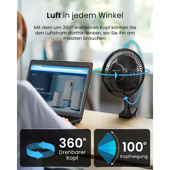 Pro Breeze Mini Ventilator mit Clip, 20 cm Durchmesser, 2 Geschwindigkeitsstufen, stabiler Clip - Ventilator leise, ideal als Tischventilator am Schreibtisch, für Growbox, Zuhause im Schlafzimmer