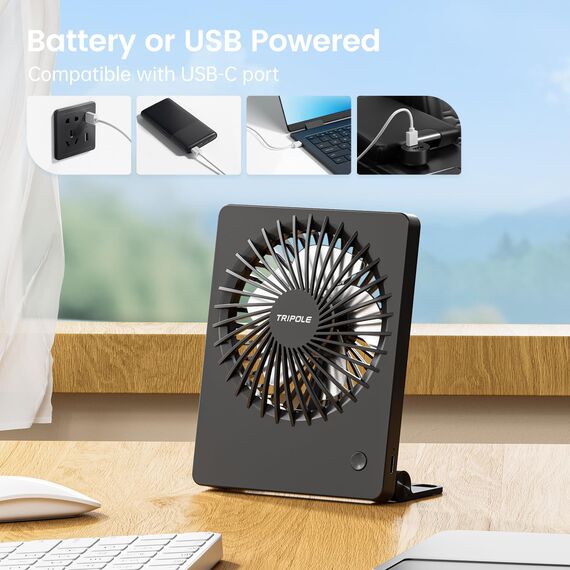 TriPole Schreibtischventilator, wiederaufladbar, batteriebetrieben, Mini-Ventilator, tragbar, 180° neigbar, 3 Geschwindigkeiten, USB-Tischventilator, kleiner Handventilator für Schlafzimmer, Büro