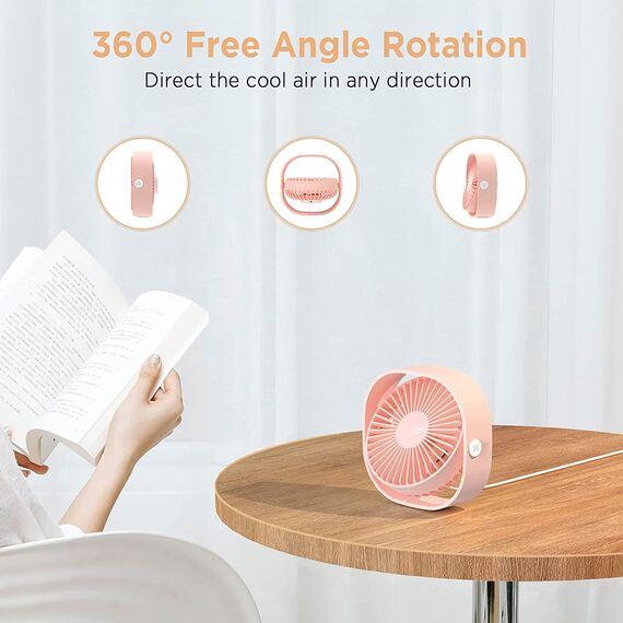 EasyAcc USB Ventilator, Mini Ventilator, Leise USB Tischventilator mit 2 Jahre Garantie, Starker Exquisit Lüfter und 3 Geschwindigkeiten, 360 Grad Drehung Desk Fan für Schreibtisch,Zuhause,Büro - Rosa