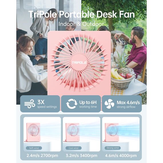 TriPole Schreibtisch Ventilator, 180° Tragbar mit 3-Geschwindigkeits USB, Ultradünner Mini für Home Office Reisegeschenke für Frauen Männer, Batteriebetrieben, Rosa