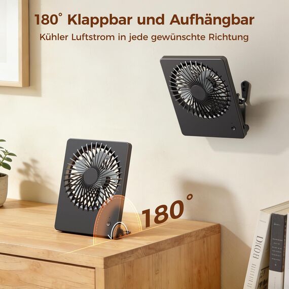 TriPole Tischventilator Leise, 2000mAh Ladefähige USB Ventilatoren Ausführen Bis zu 4-16 Std, 3 Geschwindigkeiten Tragbarer Akkulüfter-30dB, 180°Einstellbar, für Büro, Bibliothek, Reise-Schwarz