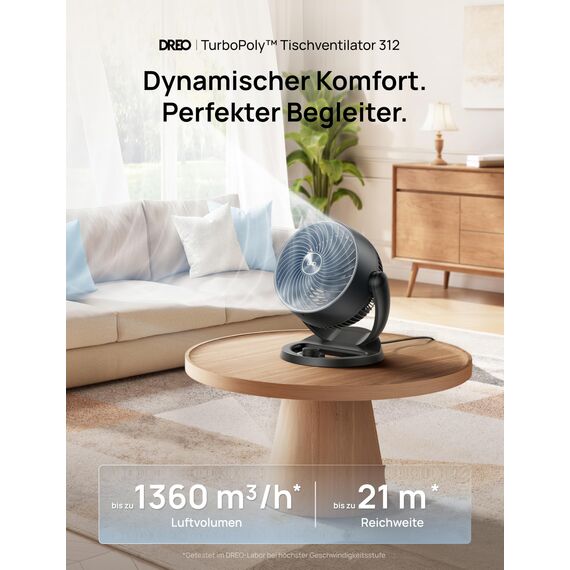 Dreo 28dB leiser Tischventilator, 30cm hoher Ventilator mit Kühlung, 3 Geschwindigkeiten 21m Luftstrom, 120° verstellbar Neigungswinkel Turbo-Luftzirkulator, tragbarer Lüfter für Schlafzimmer, Schwarz