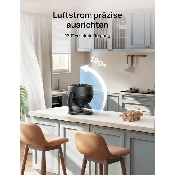 Dreo 28dB leiser Tischventilator, 30cm hoher Ventilator mit Kühlung, 3 Geschwindigkeiten 21m Luftstrom, 120° verstellbar Neigungswinkel Turbo-Luftzirkulator, tragbarer Lüfter für Schlafzimmer, Schwarz