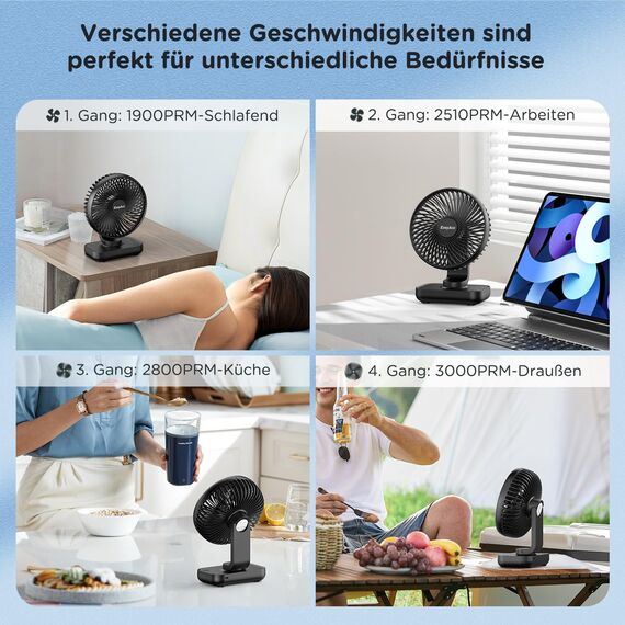 EasyAcc Tischventilator, 4000 Akku Batterie Klein USB Ventilator, Tragbarer Aufladbar Basis Ventilatoren mit 4 Geschwindigkeiten für Camp,Büro, Bibliothek und Zuhause - Schwarz