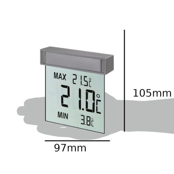 TFA Dostmann Vision digitales Fensterthermometer aussen, 30.1025, selbstklebend, großes Display mit Außentemperatur, Höchst- und Tiefstwerte, 97 x 22 x 105 mm, Silber