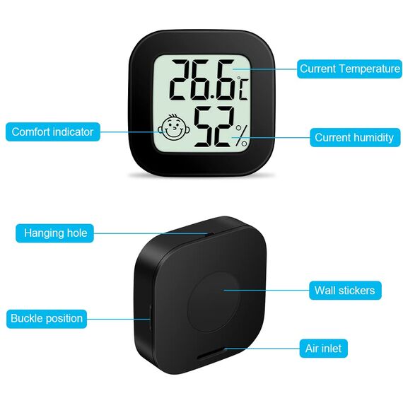 Flintronic Mini LCD Thermometer, 4 Stück Digital Thermometer Innen, Hygrometer Innen, Thermometer Hygrometer, Kabelloses, Luftfeuchtigkeit Meter für Babyzimmer Wohnzimmer Büro Gewächshaus(Schwarz)