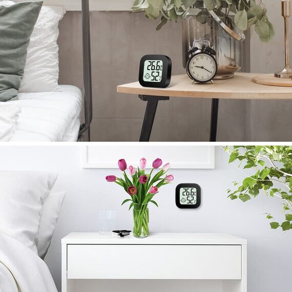 Flintronic Mini LCD Thermometer, 4 Stück Digital Thermometer Innen, Hygrometer Innen, Thermometer Hygrometer, Kabelloses, Luftfeuchtigkeit Meter für Babyzimmer Wohnzimmer Büro Gewächshaus(Schwarz)