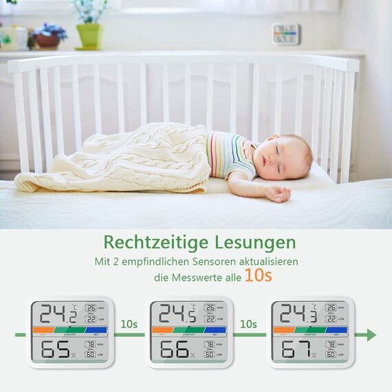 LIORQUE Digitales Thermometer Innen Hygrometer digital Thermo-Hygrometer mit Magnet, MIN/MAX- Aufzeichnungen Zimmerthermometer, inkl. Batterie, Weiß