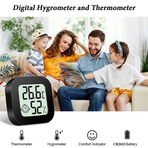 Flintronic Mini LCD Thermometer, 4 Stück Digital Thermometer Innen, Hygrometer Innen, Thermometer Hygrometer, Kabelloses, Luftfeuchtigkeit Meter für Babyzimmer Wohnzimmer Büro Gewächshaus(Schwarz)