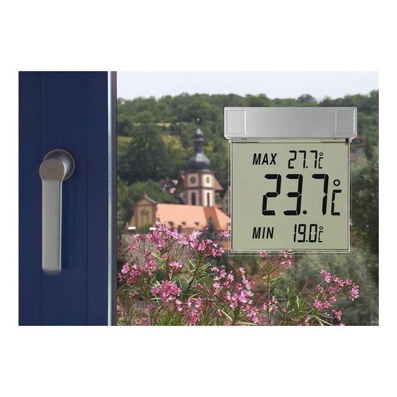 TFA Dostmann Vision digitales Fensterthermometer aussen, 30.1025, selbstklebend, großes Display mit Außentemperatur, Höchst- und Tiefstwerte, 97 x 22 x 105 mm, Silber