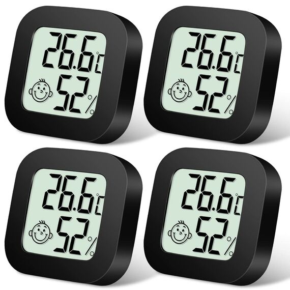 Flintronic Mini LCD Thermometer, 4 Stück Digital Thermometer Innen, Hygrometer Innen, Thermometer Hygrometer, Kabelloses, Luftfeuchtigkeit Meter für Babyzimmer Wohnzimmer Büro Gewächshaus(Schwarz)