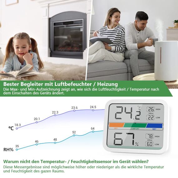 LIORQUE Digitales Thermometer Innen Hygrometer digital Thermo-Hygrometer mit Magnet, MIN/MAX- Aufzeichnungen Zimmerthermometer, inkl. Batterie, Weiß