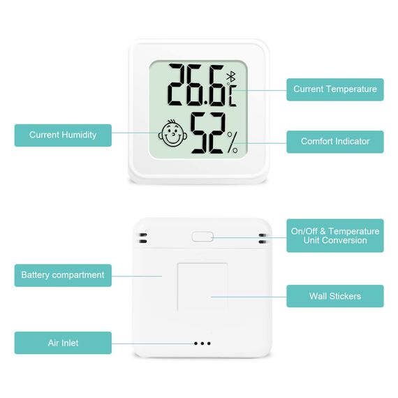 Flintronic Mini LCD Thermometer, Bluetooth Hygrometer Innen, Digital Thermometer Innen, Kabelloses Thermometer Hygrometer, Kabelloses,Luftfeuchtigkeit Meter für Babyzimmer Wohnzimmer Büro Gewächshaus