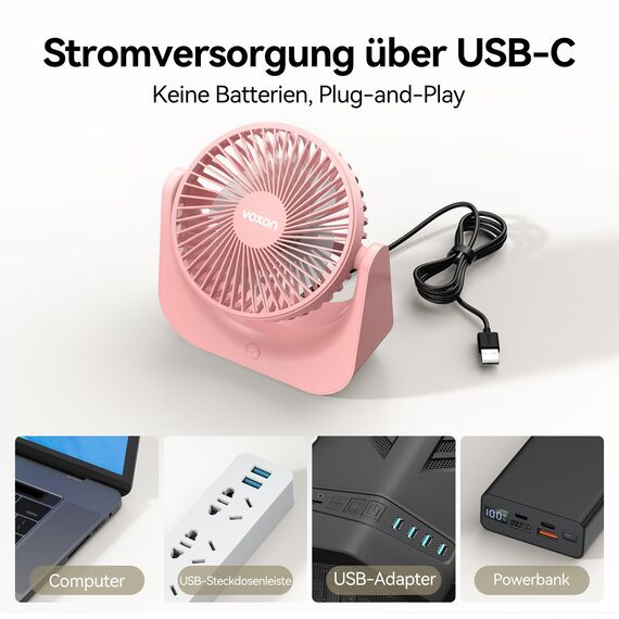 VOXON USB Tischventilator, Mini Ventilator mit 5 Geschwindigkeiten, Ventilator Leise, Usb Fan Klein mit 1,5M Langem Kabel, Tragbarer Usb Lüfter für Desktop Büro Zuhause Schlafzimmer, KEINE BATTERIE