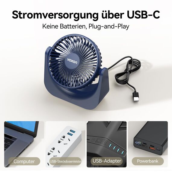 VOXON USB Tischventilator, Mini Ventilator mit 5 Geschwindigkeiten, Ventilator Leise, Usb Fan Klein mit 1,5M Langem Kabel, Tragbarer Usb Lüfter für Desktop Büro Zuhause Schlafzimmer, KEINE BATTERIE