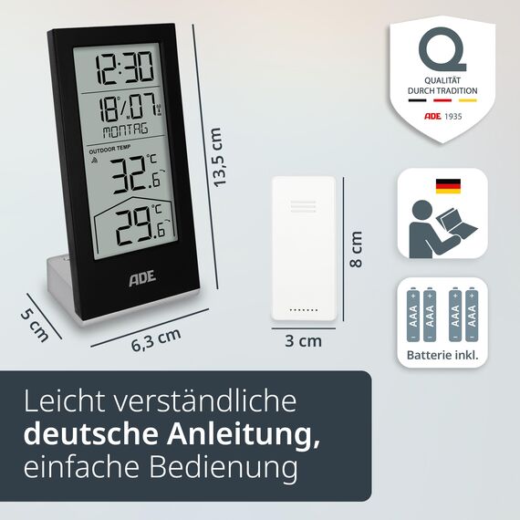 ADE Funkuhr digital mit Temperaturanzeige und Außensensor | Thermometer für Innen- und Außentemperatur | Trendanzeige | Tischuhr mit Datum und Wochentag | inkl. Batterien | schwarz