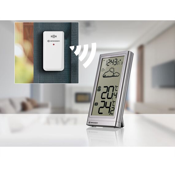 Bresser Wetterstation Funk mit Außensensor Meteo Temp, Thermometer mit Temperaturanzeige für Innen- und Außen, Wettervorhersage, mit ausklappbarem Standfuß und Wandhalterung, silber