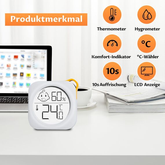 2 Stück - OPPERD Hygrometer & Raumthermometer - Kleiner Digitaler Luftfeuchtigkeitsmesser mit Präzisem Thermometer innen, Praktischer Feuchtigkeitsmesser für Schlafzimmer, Kinderzimmer, Wohnzimmer