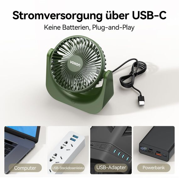 VOXON USB Tischventilator, Mini Ventilator mit 5 Geschwindigkeiten, Ventilator Leise, Usb Fan Klein mit 1,5M Langem Kabel, Tragbarer Usb Lüfter für Desktop Büro Zuhause Schlafzimmer, KEINE BATTERIE
