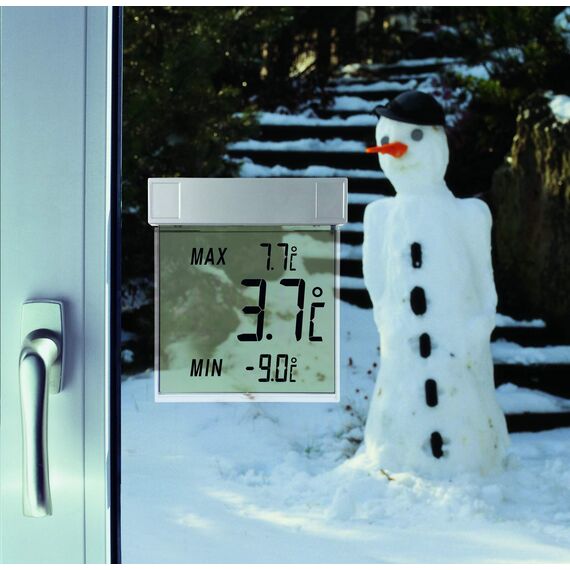 TFA Dostmann Vision digitales Fensterthermometer aussen, 30.1025, selbstklebend, großes Display mit Außentemperatur, Höchst- und Tiefstwerte, 97 x 22 x 105 mm, Silber