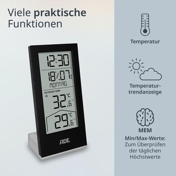 ADE Funkuhr digital mit Temperaturanzeige und Außensensor | Thermometer für Innen- und Außentemperatur | Trendanzeige | Tischuhr mit Datum und Wochentag | inkl. Batterien | schwarz
