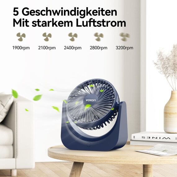VOXON USB Tischventilator, Mini Ventilator mit 5 Geschwindigkeiten, Ventilator Leise, Usb Fan Klein mit 1,5M Langem Kabel, Tragbarer Usb Lüfter für Desktop Büro Zuhause Schlafzimmer, KEINE BATTERIE