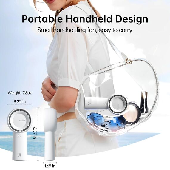 JISULIFE Turbo Handventilator Akku [16 Stunden Lange Arbeitszeit] 4000mAh Tragbarer Mini Ventilator USB Wiederaufladbarer mit 5 Geschwindigkeiten für Reisen/Draußen/Zuhause/Büro - Weiß