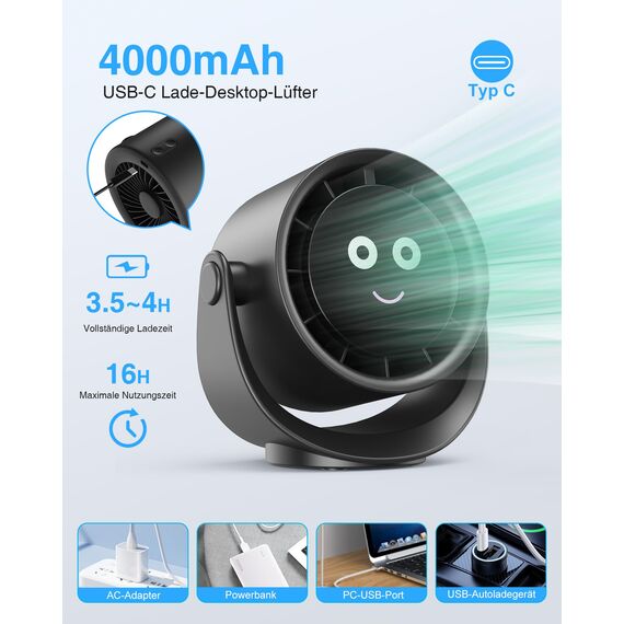 Fitabok USB Ventilator, Kleiner Tischventilator mit 5 Geschwindigkeiten, LED Display, 360° Drehung Ventilatoren, 4000mAh Akku, Starker Luftstrom, Mini Wiederaufladbar Fans für Haus Schlafzimme Büro
