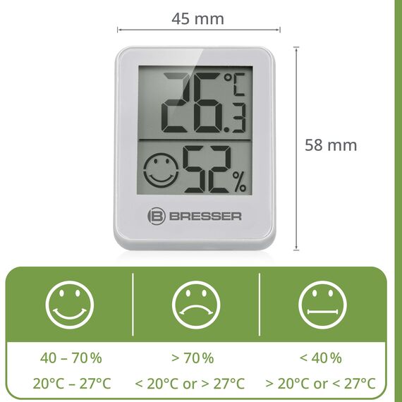 Bresser 3er Set Thermometer Hygrometer - Digitales Raumthermometer für Kontrolle Innenraum Luftfeuchtigkeit, Kühlschrankgeeignet, Wandmontage und Magnet, Schimmelvorbeugung - Indikator Smiley, Weiß