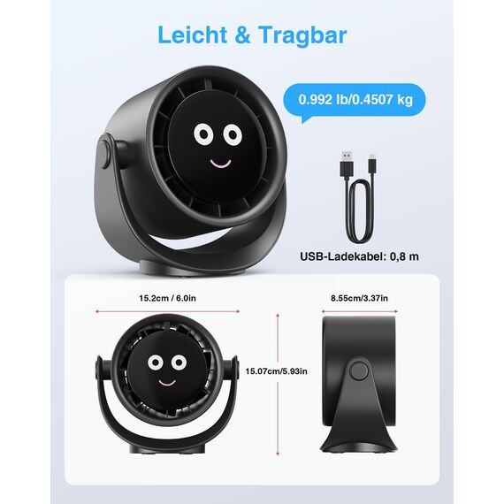 Fitabok USB Ventilator, Kleiner Tischventilator mit 5 Geschwindigkeiten, LED Display, 360° Drehung Ventilatoren, 4000mAh Akku, Starker Luftstrom, Mini Wiederaufladbar Fans für Haus Schlafzimme Büro