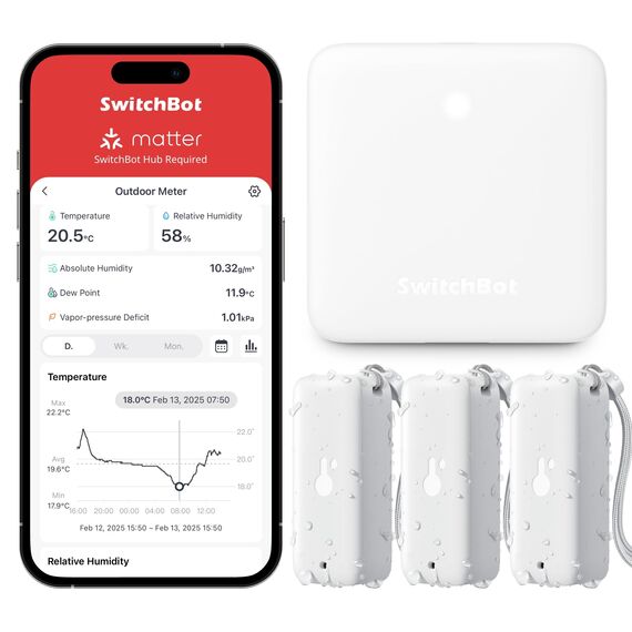 SwitchBot WLAN Hygrometer Thermometer Innen Außen 3 Pack with Hub Mini, IP65 Wasserdichter Temperatur- und Feuchtigkeitssensor mit App Benachrichtigung und kostenlose Datenspeicherung