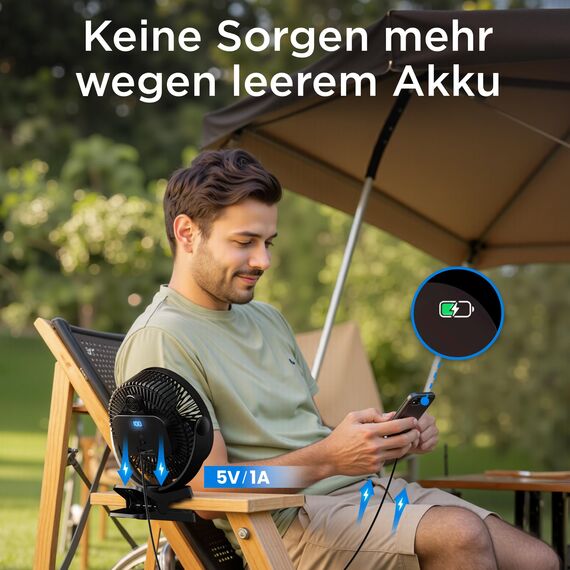 EasyAcc 10000mAh Clip Ventilator mit 37 Stunden Laufzeit - 20cm Camping mit Powerbank, 5 Geschwindigkeiten, LED Anzeige, 360° Haken für Camping, Growbox, Kinderwagen