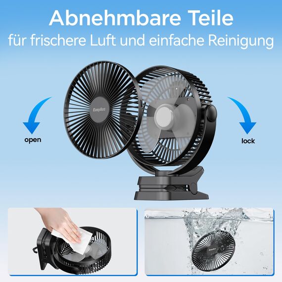 EasyAcc 10000mAh Clip Ventilator mit 37 Stunden Laufzeit - 20cm Camping mit Powerbank, 5 Geschwindigkeiten, LED Anzeige, 360° Haken für Camping, Growbox, Kinderwagen