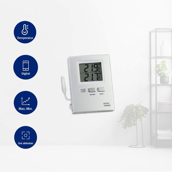TFA Dostmann Digitales Innen-Außen-Thermometer, funktionales Display, Höchst- und Tiefwerte, Innen - und Außentemperatur, L 62 x B 20 (55) x H 85 mm, Weiß