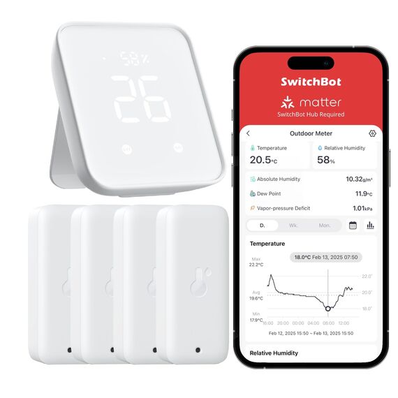 SwitchBot Thermometer Hygrometer Innen 4Pack mit Hub2, Wlan & Bluetooth Außenthermometer Luftfeuchtigkeitsmesser, App-Benachrichtigungen, Kompatibel mit Apple Home, Alexa, GoogleHome, IFTTT