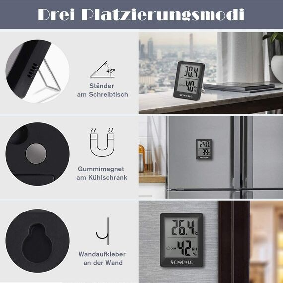 SONOMO Thermo-Hygrometer, 3er Set Hygrometer Innen Thermometer Digital Raumthermometer Luftfeuchtigkeitsmessgerät für Innenraum, Wohnzimmer, Babyraum, Büro (Schwarz)