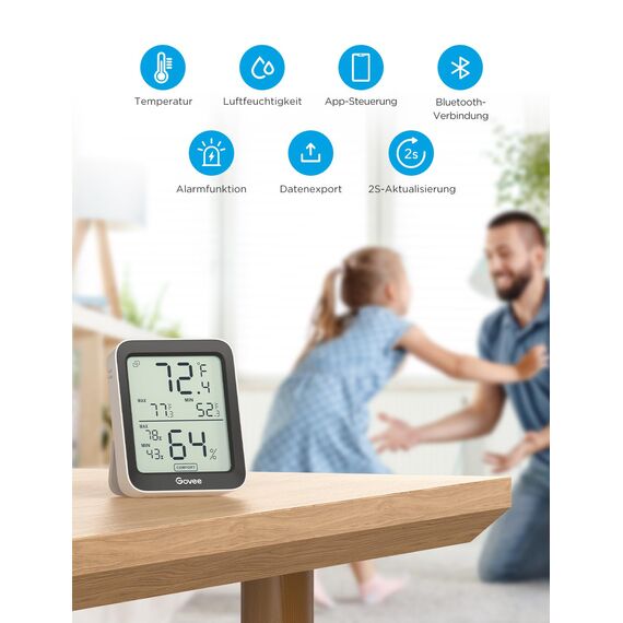 Govee Thermometer Hygrometer, LCD Digital Thermo-Hygrometer Innen mit Benachrichtigungs Alarm, Präzise Temperatur Luftfeuchtigkeitsmesser mit APP, Datenspeicherung für Gewächshaus Weinkeller, 2er-Pack