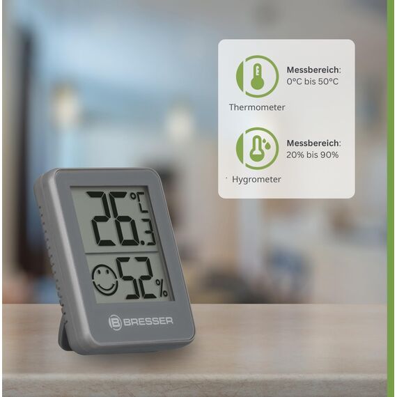 Bresser 3er Set Thermometer Hygrometer - Digitales Raumthermometer für Kontrolle Innenraum Luftfeuchtigkeit, Kühlschrankgeeignet, Wandmontage und Magnet, Schimmelvorbeugung - Indikator Smiley, Grau