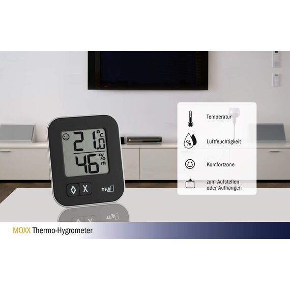 TFA Dostmann Moxx digitales Thermo-Hygrometer, 30.5026.01, zur Raumklimakontrolle, Überwachung der Luftfeuchtigkeit, klein und handlich, 1er Pack, schwarz, L 57 x B 13 (33) x H 69 mm