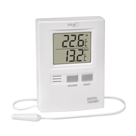 TFA Dostmann Digitales Innen-Außen-Thermometer, funktionales Display, Höchst- und Tiefwerte, Innen - und Außentemperatur, L 62 x B 20 (55) x H 85 mm, Weiß