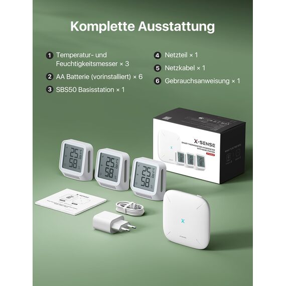 X-Sense WLAN Thermometer Hygrometer Innen, Mini Raumthermometer mit X-Sense App, Angepasster Komfortbereich, Thermo-Hygro-Datenlogger, kompatibel mit Alexa, 3 Sensoren und 1 Basisstation SBS50