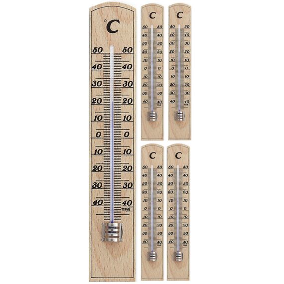 TFA Dostmann 12.1004 Analoges Innenthermometer, hohe Genauigkeit, aus massiven Buchenholz, 5er Set