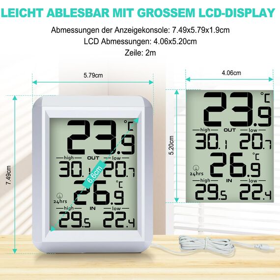 Urageuxy Kabelgebundenes digitales Innen-/Außenthermometer, Innen-/Außentemperaturmonitor mit 2m wasserdichtem Kabel mit Min/Max Aufzeichnung und Fühler für Haus, Büro, Gewächshaus, Aquarium, Kühlschr