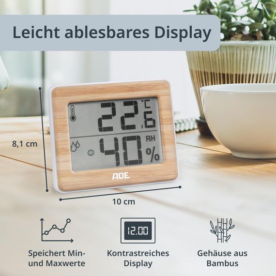 ADE Digitales Thermometer und Hygrometer für innen | Luftfeuchtigkeitsmesser | Bambus