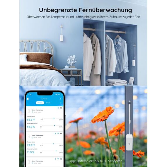 GoveeLife Hygrometer Thermometer Innen Sensoren 3Pack, Mini Bluetooth Temperatur und Luftfeuchtigkeitsmesser mit App Benachrichtigung und Datenspeicherung, geeignet für Gewächshaus, Weinkeller