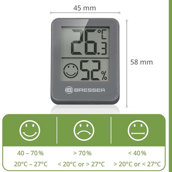 Bresser 3er Set Thermometer Hygrometer - Digitales Raumthermometer für Kontrolle Innenraum Luftfeuchtigkeit, Kühlschrankgeeignet, Wandmontage und Magnet, Schimmelvorbeugung - Indikator Smiley, Grau