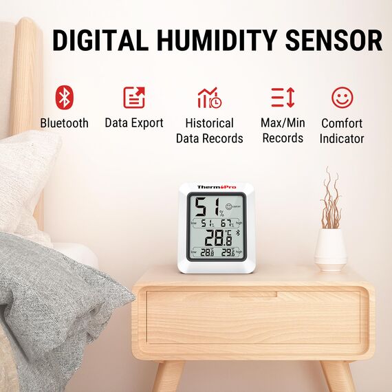 ThermoPro Thermometer Hygrometer 80m Bluetooth Raumthermometer Innen Temperatur und Luftfeuchtigkeitsmesser mit APP Datenexport für Innenraum, Büro, Weinkeller, Gewächshaus TP350