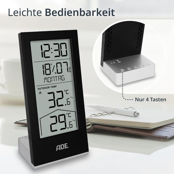 ADE Funkuhr digital mit Temperaturanzeige und Außensensor | Thermometer für Innen- und Außentemperatur | Trendanzeige | Tischuhr mit Datum und Wochentag | inkl. Batterien | schwarz